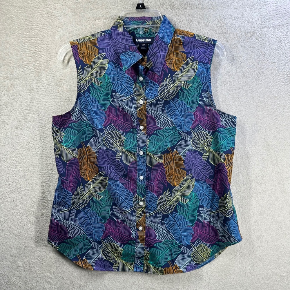 Lands End Womens 12P Sleeveless Cotton Button Down Tropical Leaf Print Blouse